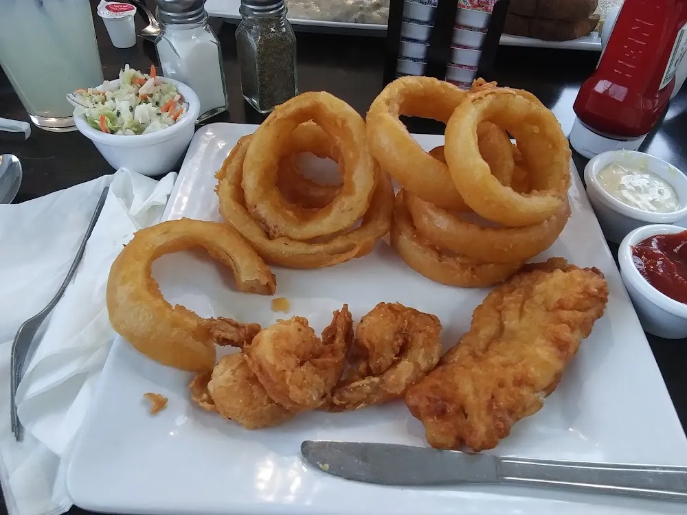 Shrimp and Cod with Onion Rings and Coleslaw